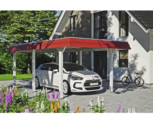 Einzelcarport SKAN HOLZ Wendland rote Blende inkl. Pfostenanker 362 x 628 cm weiß