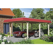 Carport aus Holz mit Auto und Motorrad