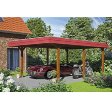 Carport aus Holz mit Auto und Motorrad