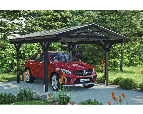 Einzelcarport SKAN HOLZ Westerwald inkl. Pfostenanker 362 x 541 cm anthrazit Carport mit rotem Auto im Garten