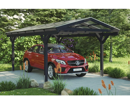 Einzelcarport SKAN HOLZ Westerwald inkl. Pfostenanker 362 x 648 cm anthrazit Ein Carport aus Holz mit einem Auto darunter auf einer Auffahrt.