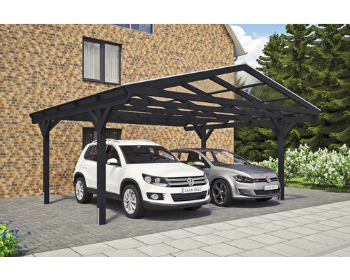 Doppelcarport SKAN HOLZ Westerwald inkl. Pfostenanker 570 x 541 cm anthrazit Doppelcarport mit zwei Autos vor einem Haus