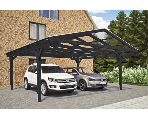Doppelcarport SKAN HOLZ Westerwald inkl. Pfostenanker 570 x 648 cm anthrazit Doppelcarport aus Holz mit zwei geparkten Autos
