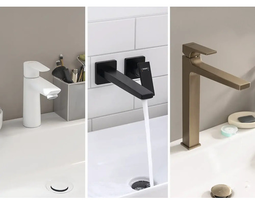 Drei Waschbeckenarmaturen in unterschiedlichen Designs und Ausführungen.
