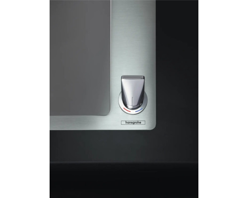 Detailansicht eines Waschtischs mit Armatur und Hansgrohe Logo.