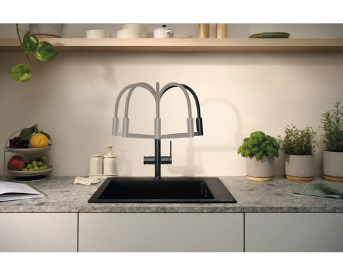 Küchenszene mit schwarzem Spülbecken und Armatur mit schwenkbarem Auslauf