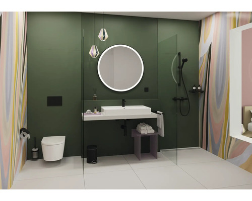 Modernes Badezimmer mit Waschtisch, Spiegel, Dusche und Toilette.