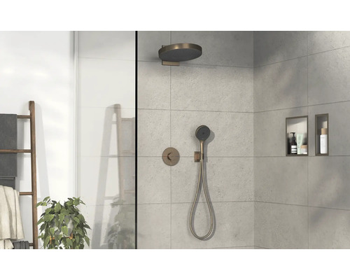 Badezimmer mit Kopfbrause, Handbrause, Duscharmatur, Ablagenische und Handtuchleiter