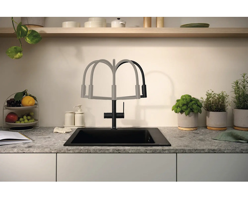 Küchenspüle mit Armatur und ausziehbarem Auslauf vor Küchenrückwand mit Kräutern