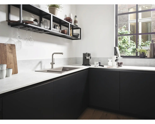 Moderne Küche mit Spüle, Armatur, Arbeitsplatte und Hängeregal