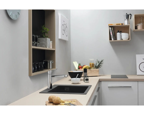 Küchenszene mit Spüle, Armatur, Regalen und Dekoration