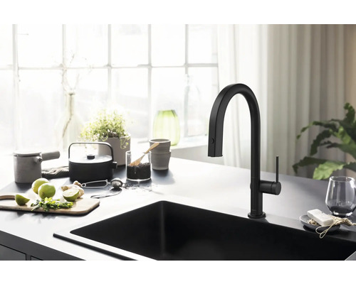 Küchenszene mit Spüle und Armatur vor einem Fenster