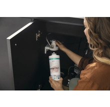 Frau wechselt Hansgrohe Claro Harmony Wasserfilter unter der Spüle aus