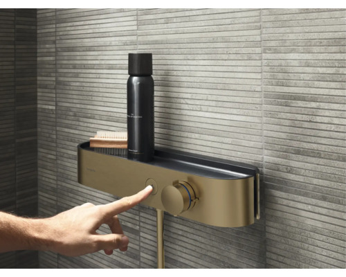 Duscharmatur mit Ablage und Bedienung per Knopfdruck im Badezimmer.