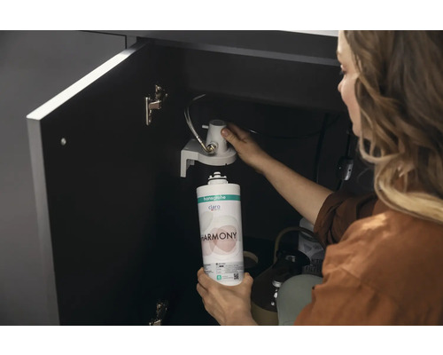 Eine Frau wechselt in einem Unterschrank einen Wasserfilter aus.