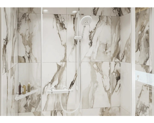 Badezimmer mit Marmorfliesen, Duscharmatur und Eckregal