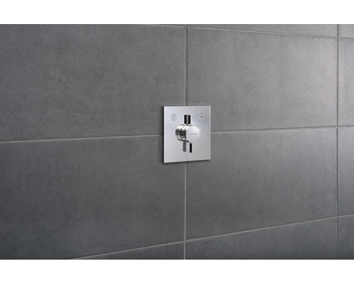 Hansgrohe Logo auf Duscharmatur an der Wand