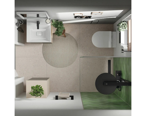 Draufsicht eines Badezimmers mit Waschbecken, Toilette, Handtuchhalter und Pflanzen