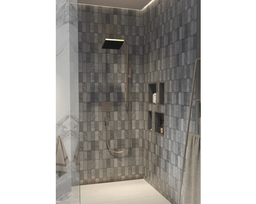 Modernes Duschbad mit grauen Fliesen, Duschkopf und Ablagenischen