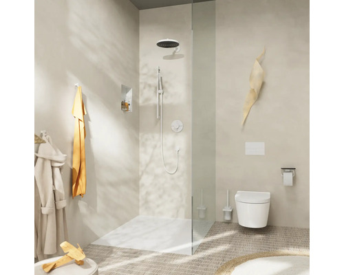 Badezimmer mit Dusche, Toilette und Accessoires in hellem Design