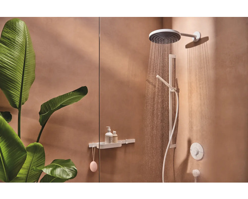 Moderne Dusche mit Kopfbrause, Handbrause und Ablage im Badezimmer.