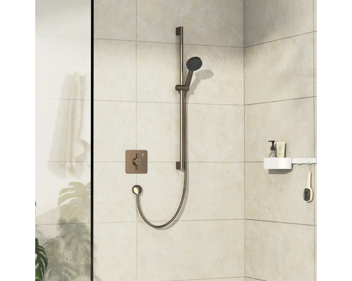 Duscharmatur mit Handbrause und Ablage an einer gefliesten Wand