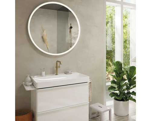 Modernes Badezimmer mit rundem Spiegel, Waschbeckenunterschrank und Zimmerpflanze