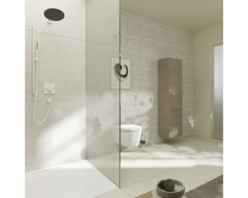 Badezimmer mit Dusche, Toilette und Waschtisch