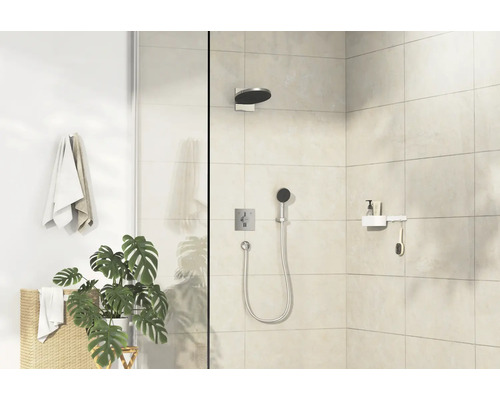 Badezimmer mit Dusche, Handtüchern, Pflanze und Badaccessoires