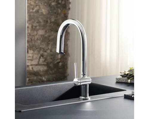 Küchenarmatur mit hohem Auslauf montiert in einem Spülbecken