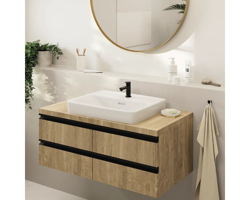 Badezimmerwaschtisch mit Waschbecken, Armatur, Spiegel und Ablage