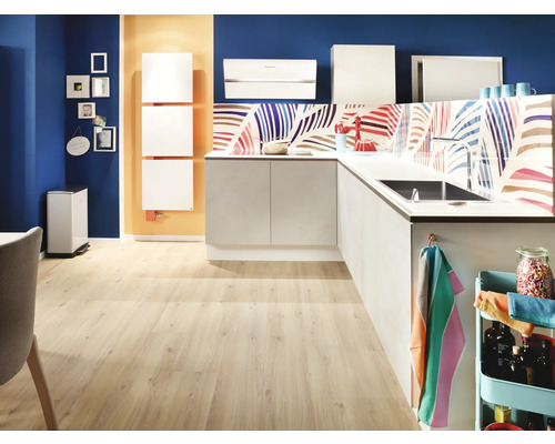 Moderne Küche mit weißen Schränken, Spüle, Armatur und bunter Spritzschutzwand