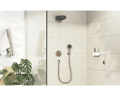Badezimmer mit Duscharmatur, Handbrause, Brausestange und Ablage