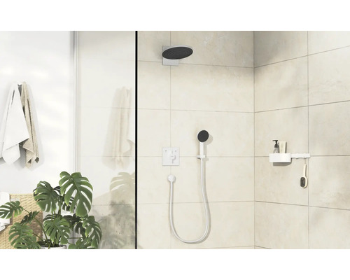 Modernes Badezimmer mit Dusche, Armaturen und Pflanzen