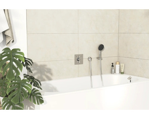 Badezimmer mit Badewanne, Armaturen und Zimmerpflanze