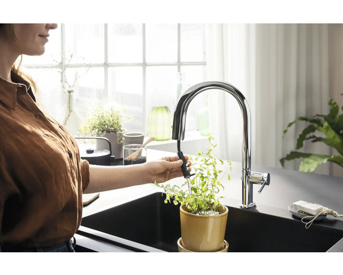 Frau gießt Pflanze mit Spültischarmatur in Küche.