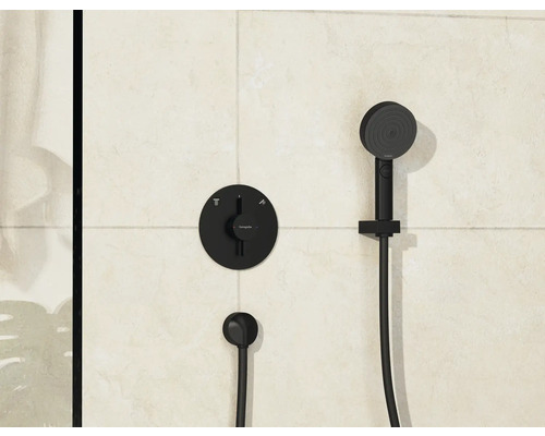 Aufputz-Brausearmatur in Schwarz mit Handbrause und rundem Thermostat