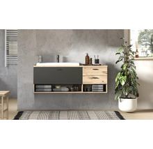 Modernes Badezimmer mit Waschtischunterschrank, Handtüchern und Zimmerpflanze