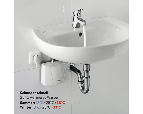 Waschbecken mit Durchlauferhitzer und Wasserhahn