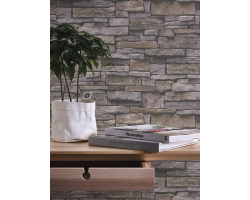 Nahaufnahme einer Steinoptik-Tapete in einem Raum mit Pflanze und Büchern auf einem Tisch.