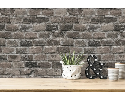 Wand mit Backsteintapete, Pflanze, Deko-Objekt und Becher auf einem Tisch