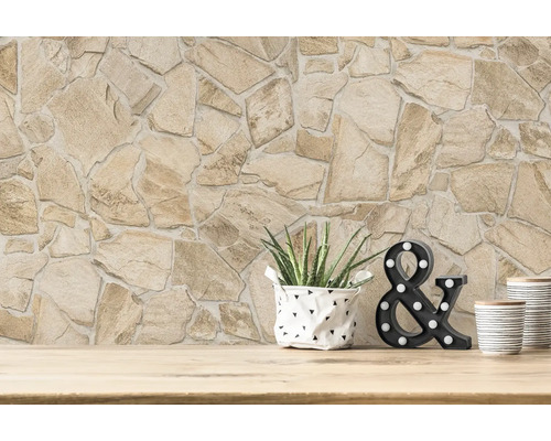 Wandverkleidung mit Steinoptik, Pflanze in einem Topf und dekoratives Zeichen