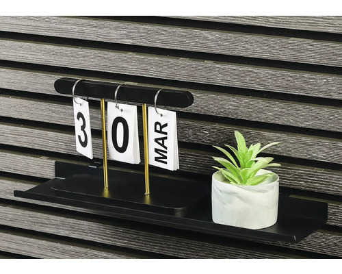 Dekorative Ablage mit immerwährendem Kalender und Kunstpflanze