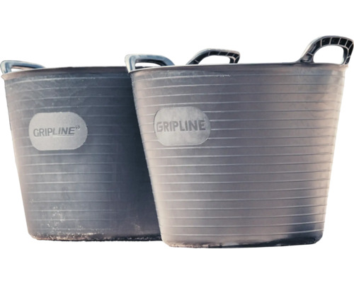 Zwei graue Mörtelkübel mit Griffen und Gripline Logo.