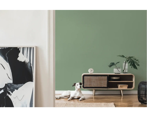 Wohnzimmer mit Kommode, Zimmerpflanzen, abstrakter Kunst und Hund