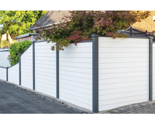 Weiße Sichtschutzzäune mit grauen Pfosten und Oberflächen auf einem Bürgersteig.