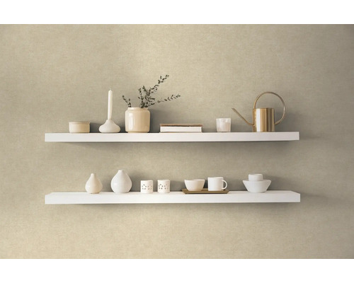 Zwei weiße Regalböden mit Dekorationsgegenständen an einer Wand