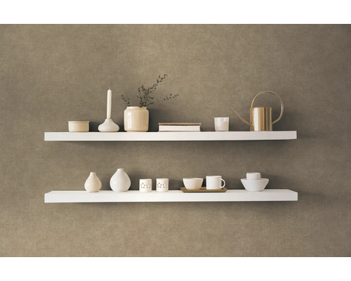 Zwei weiße Regalböden mit Dekorationsartikeln an einer Wand