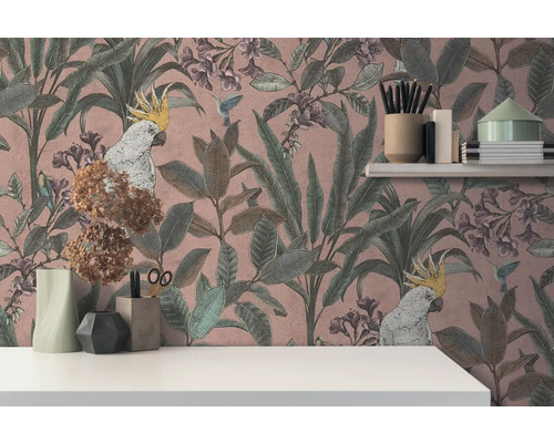 Tapete mit Pflanzen-, Vogel- und Kakadumotiven