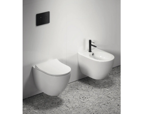 Wandhängendes WC und Bidet mit schwarzer Betätigungsplatte und Armatur in einem hellen Badezimmer.